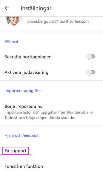 Tryck på Få support