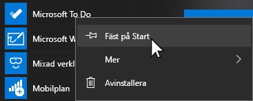 Snabbmeny för Öppna Microsoft To Do och Fäst på start markerat