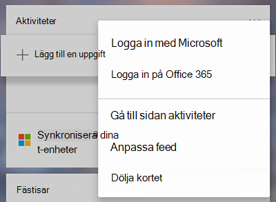 Skärmbild som visar alternativet logga in med Microsoft eller Office 365 på fler menyn uppgifter kortet mer