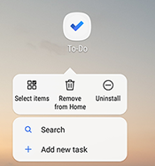 Skärmbild som visar Android-snabbmenyn med alternativ: Markera objekt, Ta bort från startsidan, Avinstallera, Sök och Lägg till ny uppgift