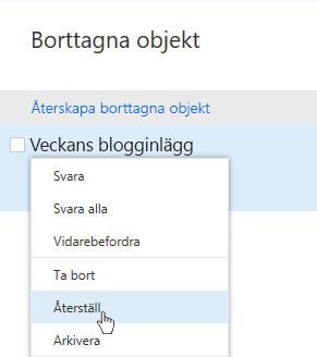 Skärmbild som visar menyn för att återskapa borttagna objekt