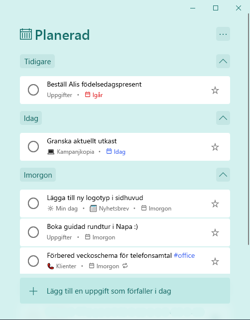 Planerad smart lista med uppgifter ordnade efter tidigare, idag och imorgon
