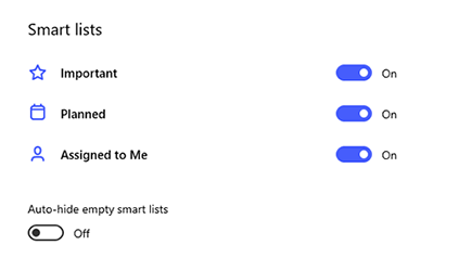 Skärmbild av smarta listor i Inställningar med Viktigt, Planerat och Tilldelat till mig aktiverat och Dölj tomma smarta listor automatiskt inaktiverat.