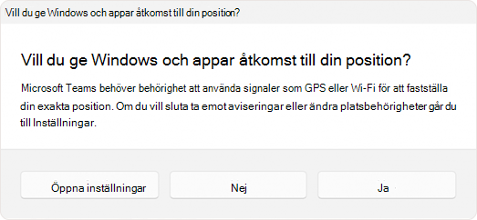 Skärmbild av prompten som ber användaren att tillåta en app att komma åt plats.