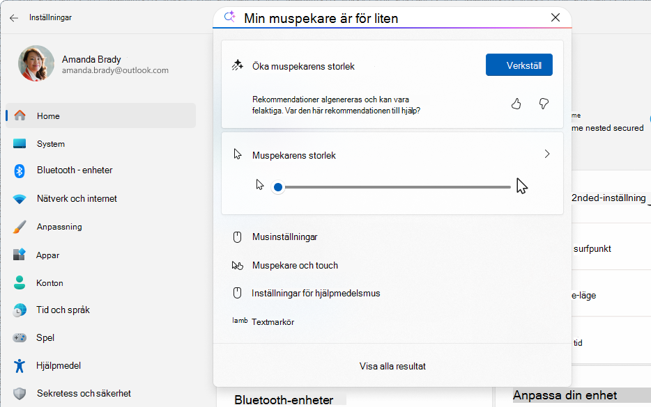 Skärmbild av Inställningar som visar en AI-baserad sökning med hjälp av agenten.