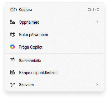 Skärmbild av snabbmenyn Klicka för att göra med Fråga Copilot
