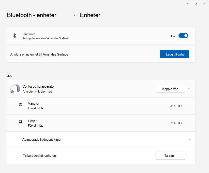Skärmbild av Inställningar > Bluetooth & enheter som visar information om hörapparater.