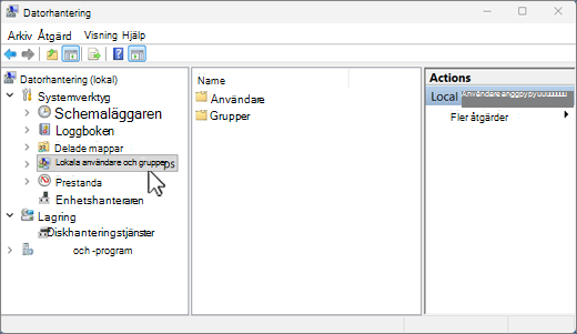 Skärmen Datorhantering i Windows 11 med Lokala användare och grupper markerat.