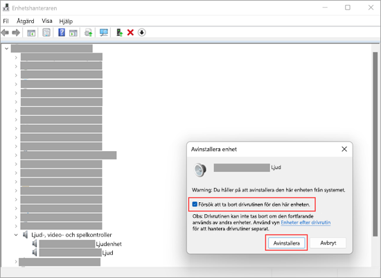 Avinstallera en ljudenhet i Enhetshanteraren i Windows 11.