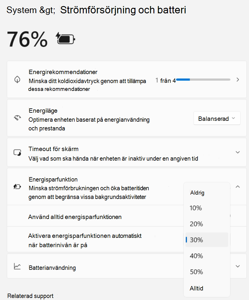 Skärmbild av Inställningar > System > energisparläge och batterisparfunktion >