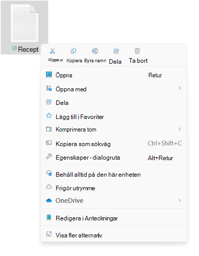 Skärmbild av snabbmenyn för filen som visar de nya alternativen för att klippa ut/kopiera/byta namn/dela/ta bort.