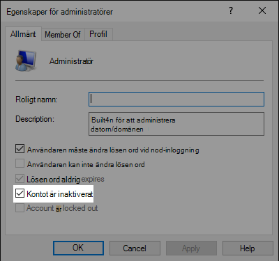 Dialogrutan Kontoegenskaper