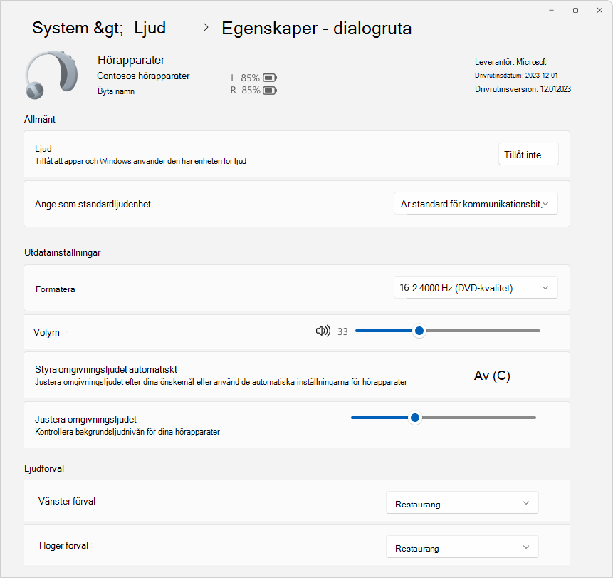 Skärmbild av Inställningar > Systemljudegenskaper >> som visar några tillgängliga alternativ för att konfigurera en enhet med hörapparater.