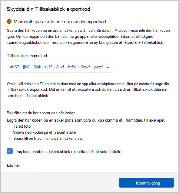 Skärmbild av exportkoden för Återkallelse