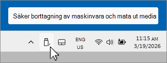 Skärmbild av usb-enhetsikonen säker borttagning i meddelandefältet.