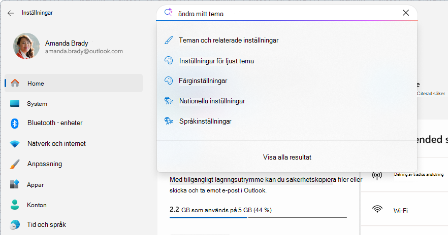 Skärmbild av en sökning i inställningar.