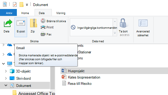 Dela en fil via e-post på Windows 10