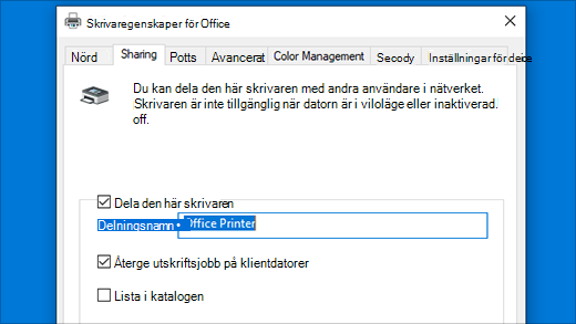 Dela en skrivare i Egenskaper för skrivare