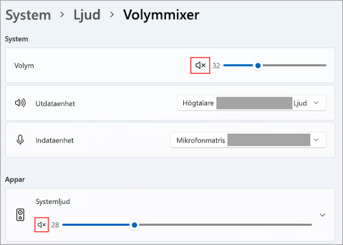 Visa volym och standardljudenheter i Windows 11-volymkontrollen.