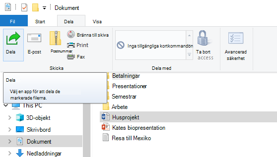 Var du hittar knappen Dela i Utforskaren på Windows 10