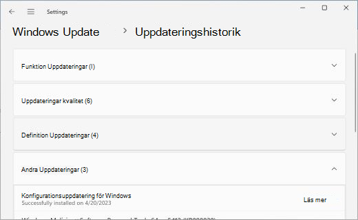 Shows the Update History page, with the Other Updates section expanded.