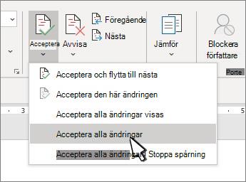 Listruta med alternativet Acceptera alla ändringar i Word