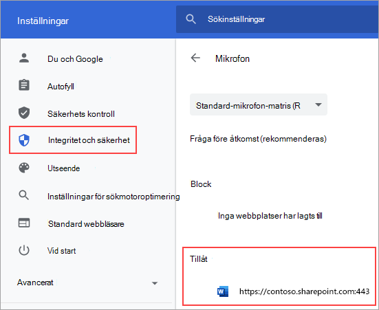 Inställningssida för mikrofonbehörigheter för Chrome