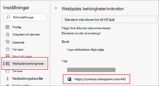 Inställningssida för mikrofonbehörigheter för Microsoft Edge