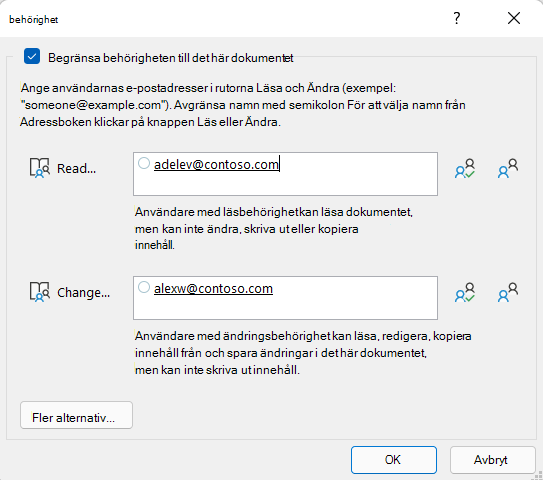 Dialogrutan med IRM-behörigheter som visar vem som har läsbehörighet för den här filen och vem som har ändringsbehörighet för filen.