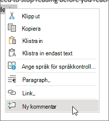 Välj Ny kommentar på snabbmenyn
