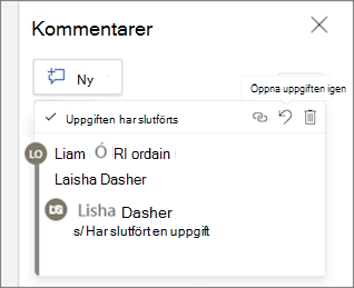 Skärmbild av omnämnanden för att öppna uppgiften igen