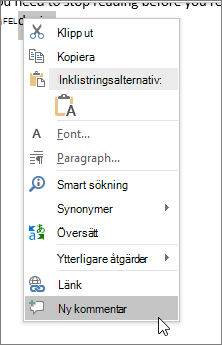 Välj Ny kommentar på snabbmenyn