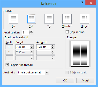 Dialogrutan Kolumner