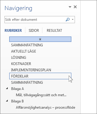 Bläddra mellan rubriker i navigeringsfönstret