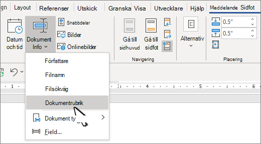 Menyfliksområdet Sidhuvud med Dokumentinformation markerat
