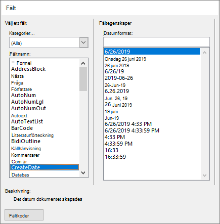 Kategorier och egenskaper för fältval