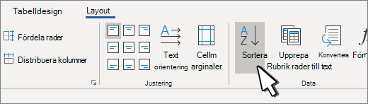 Knappen Sortera när du har markerat en tabell