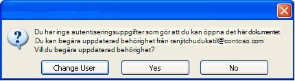 Dialogruta i Word som anger att ett dokument med begränsad behörighet har vidarebefordrats till en obehörig person