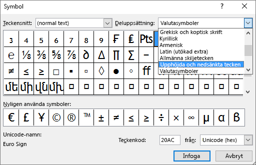 Visar delmängden Upphöjd och Nedsänkt i dialogrutan Symbol i PowerPoint