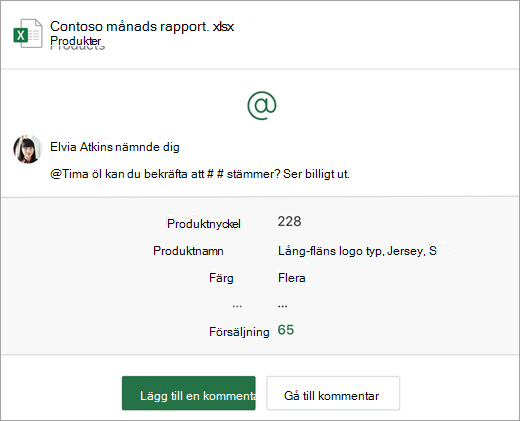 Skärmbild av ett e-postmeddelande om en kommentar