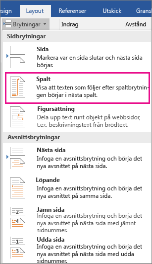Alternativet Kolumn markeras på menyn Brytningar.