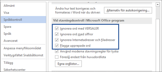 Alternativ för att ignorera ord vid stavningskontroll