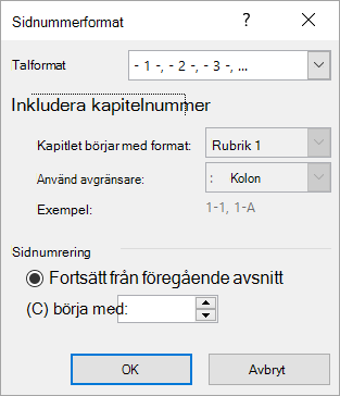 Dialogrutan Sidnummerformat