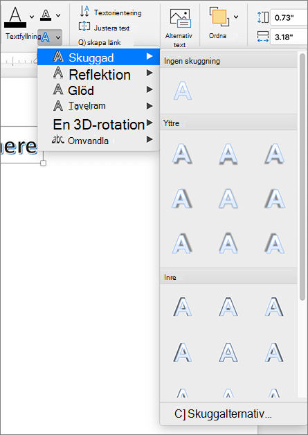 Alternativ för WordArt-skuggning