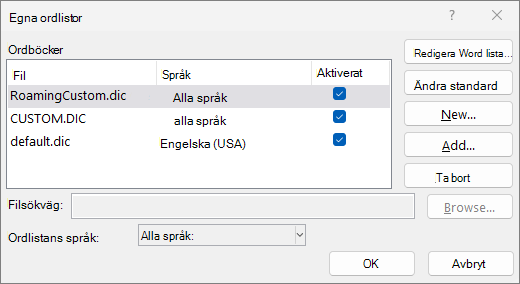 Dialogrutan Egen ordlista