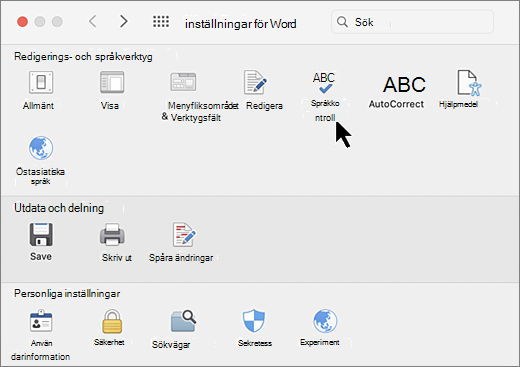 Dialogrutan Inställningar för Mac med Stavning markerat