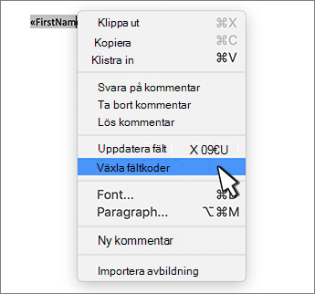 Växla fältkoder på snabbmenyn markerat