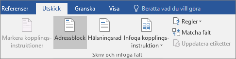 Som en del av Word dokumentkoppling väljer du Adressblock i gruppen Skriv & Infoga fält på fliken Utskick.