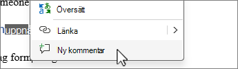 Välj Ny kommentar från snabbmenyn för högerklick