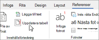 Fliken Referens med knappen Uppdatera tabell
